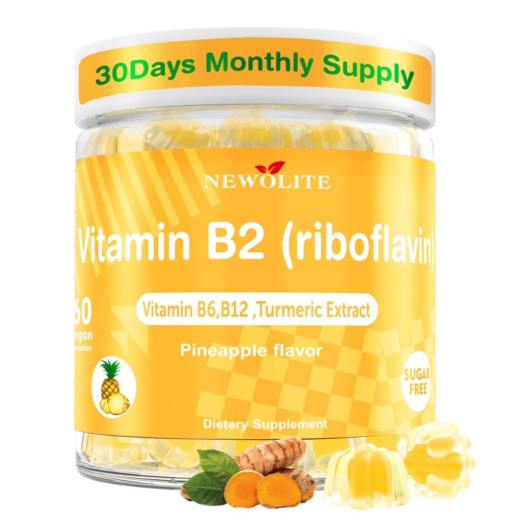 Vitamin B2 Gummies Riboflavin 400mg untuk Men Chelable B2 Vitamin for Adulants with B Complex Turmeric Extract for Digetical Comfort, Nervous System Dupport, Vegan, Sugar- Free, Pineapple Flavor, 60 Count