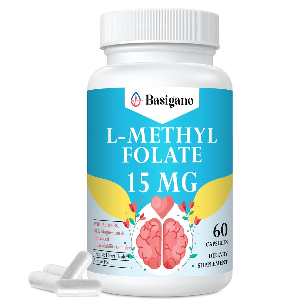 L Methylfolat 15mg (5- MTHF) - Aktif Acid Folic dengan B6 dan B12 - Vegan, Gluten- Free, Dairy- Free (1 Pack)