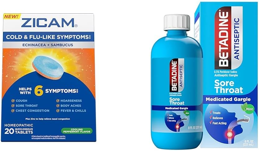 Zicam Cold Symptoms Relief dengan Betadine Sore Throat Gargle, Echinacea & Sambucus Homeopathic Tablet, 20 Count & 8 FL OZ