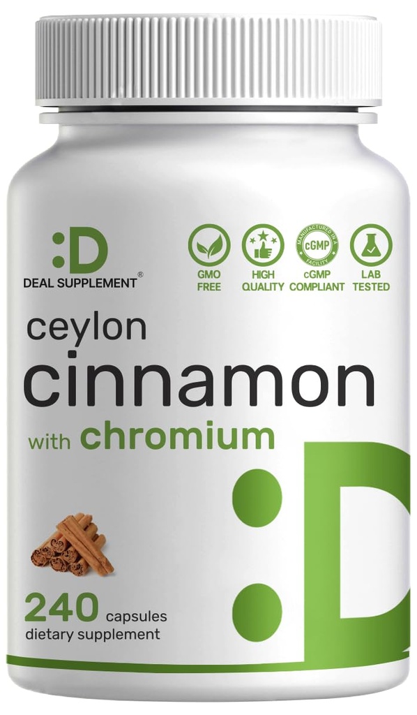 Ceylon Cinnamon dengan Chromium 1000mcg, 240 Capsules 124; Active Inner Bark Extract, True Sri Lanka Source 124; Persediaan Cinnamon Alam