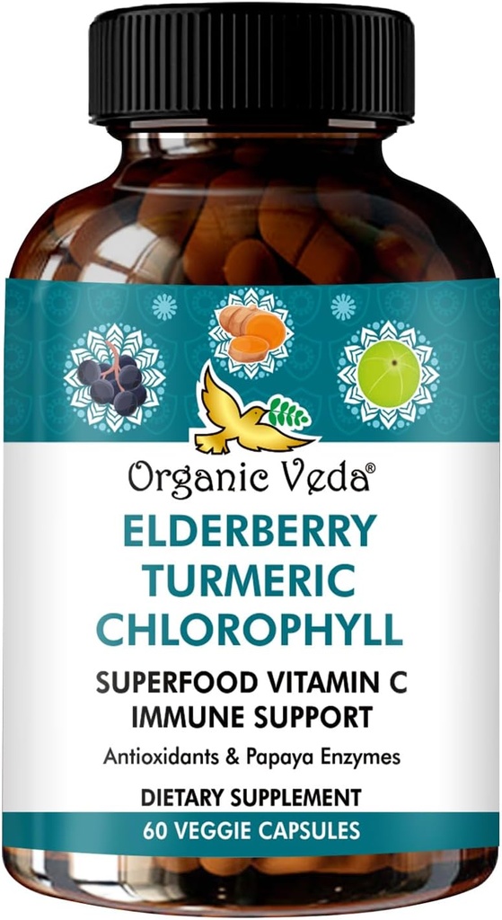 Veda EIderberry Turmeric Chlorophill Suppleme Suppore - Superfood Antioksidants, Green Vitamin C, Grape Seed Extract, Acerola, Moringa & Papiya Enzymes - 60 Vegan Capsules