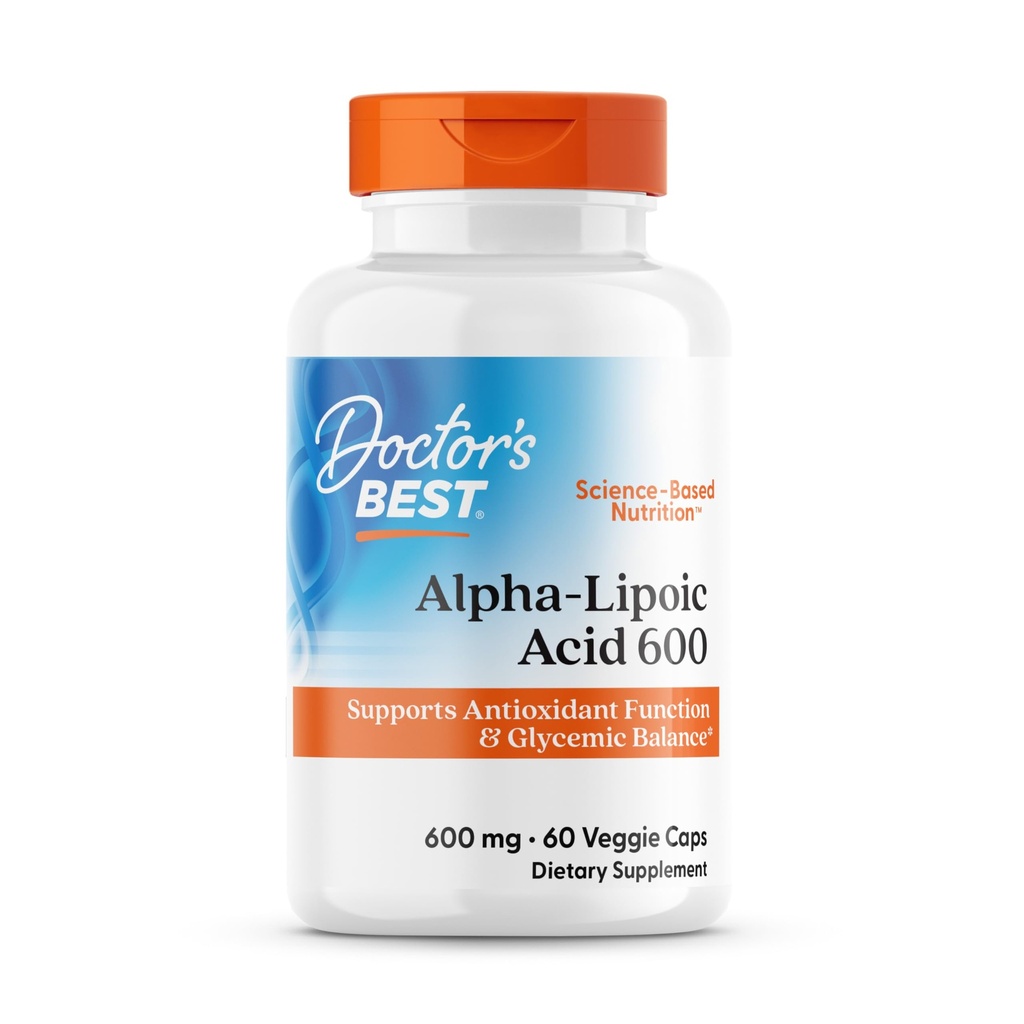 Doctor 's Best Alpha-Lipoic Acid 600, Support Antioksidant Fungsi & Glycemic Balances, Non-GMO, Gluten Free, Vegan, Soy Free, 600 mg, 60 Veggie Caps