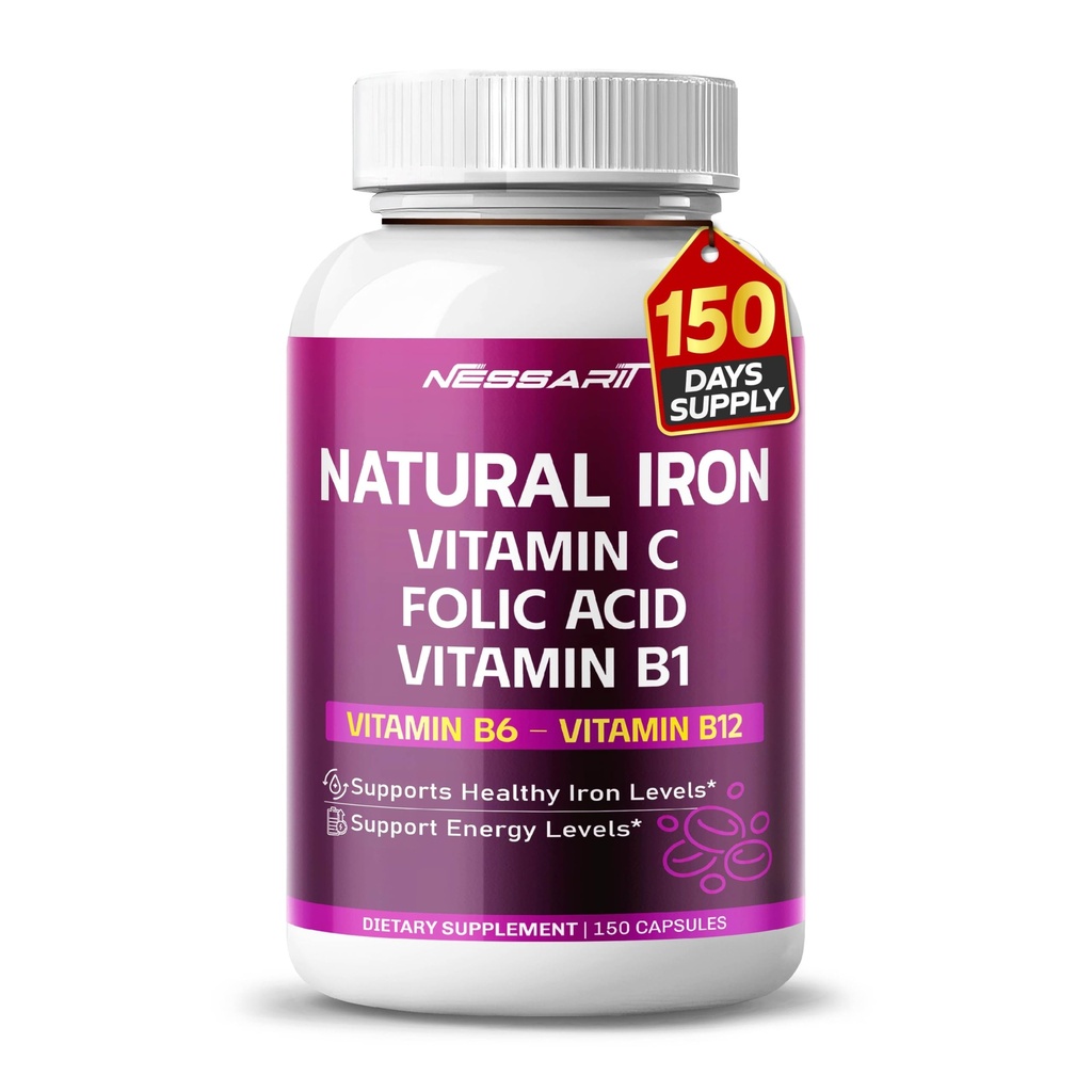 Potensi Tinggi Besi Organik dengan Vitamin C, Acid Folic - Tinggi - Absorpsi Formula Vitamin B1, Vitamin B6, Vitamin B12 - Dukung Gedung Darah - 150 Count - Membuat & Testing di Amerika Serikat