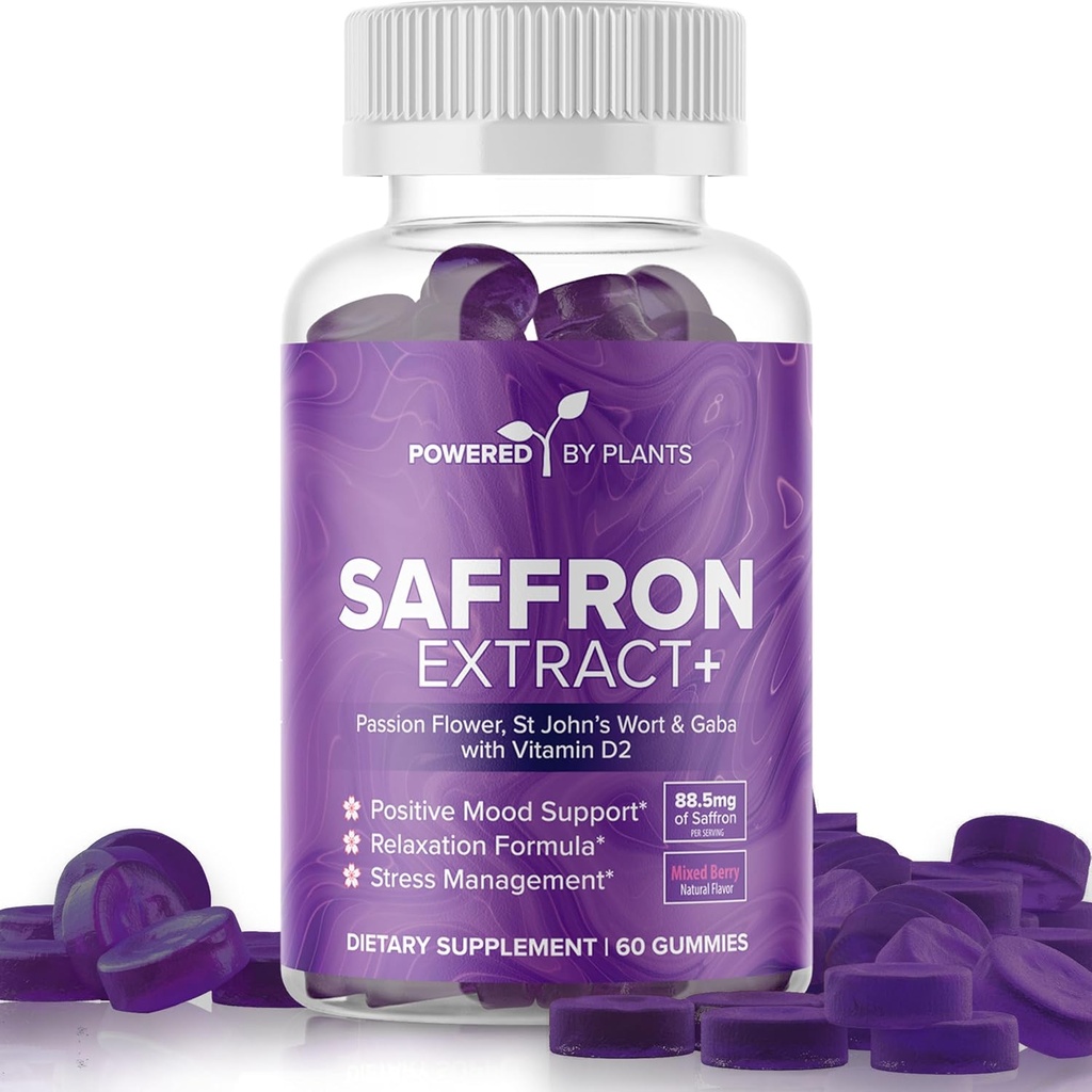 Saffron Extract Gummies dengan Passionflower & Vitamin D2 - Saffron Suplemen untuk Dukungan Mood, Hamble, & Energi 60 Servis