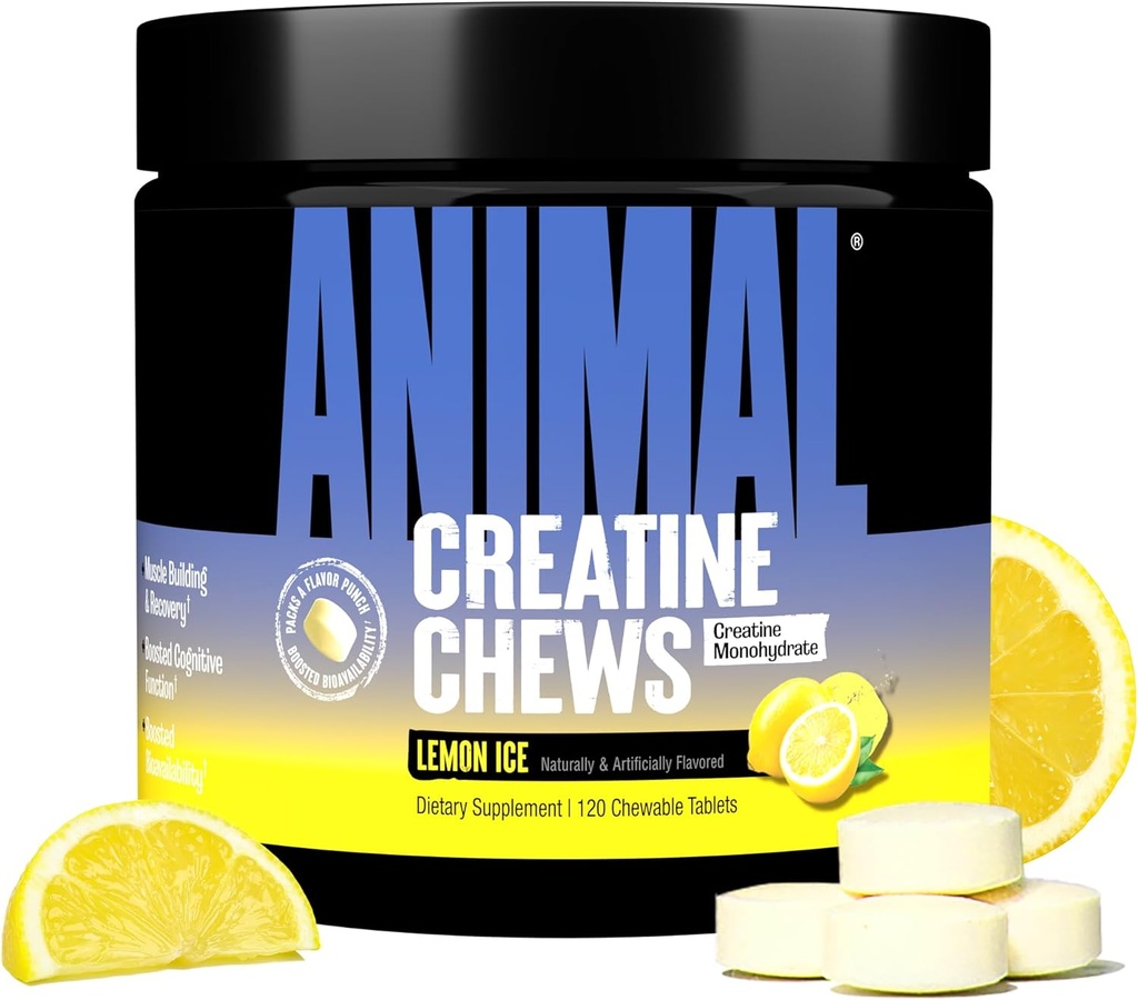 Animal Creatine Chews Tablet - Enhanced Creatine Monohydrate with AstraGin to Impreve Absorpsi, Sea Salt for Added Pumps, Delicious and Convenient Chewable Tablet - Lemon Ice