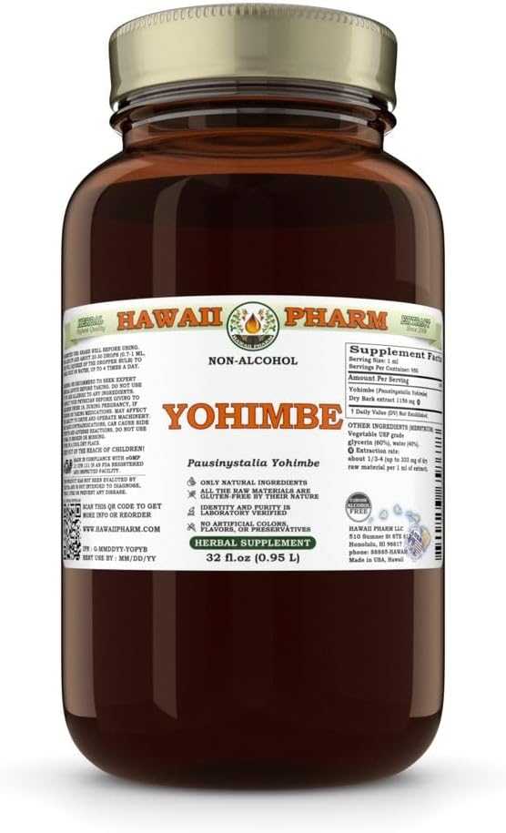 Yohimbe (Pausinystalia Yohimbe) Dry Bark Glycerite, Made in Hawaii, All Natural, Vegan, Lab Test Alcohold-Free Liquid Extract - 32 f.oz