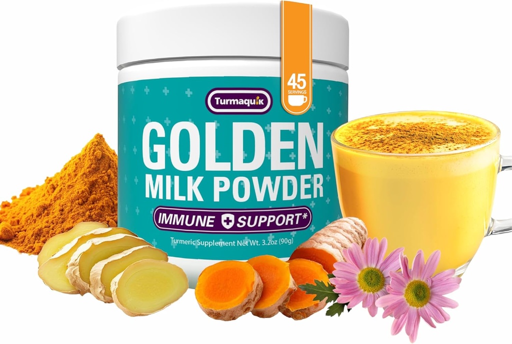 Turmaquik 3.2 Ounce Organic Golden Milk Turmeric Powder - Imune Dukung Superfood Blend with Ginger, Black Pepper, Curcumin, Cinnamon, Cardamom, Vitamin C, D, B6, B12, dan Zinc