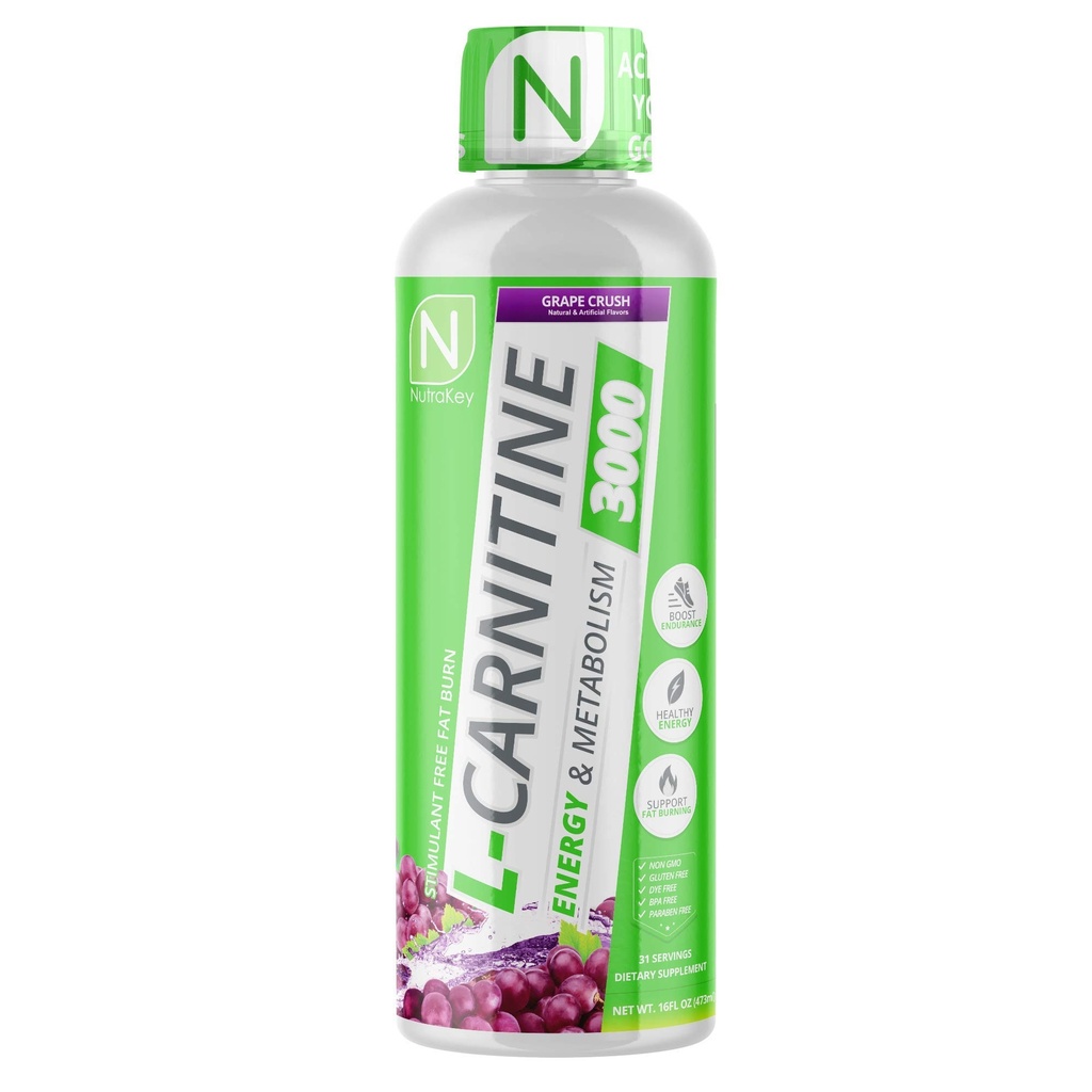NutraKey L- Carnitine 3000mg, No Sugar, Gluten Free, Turn into Fuel, (Grape Crush) 31 Servings