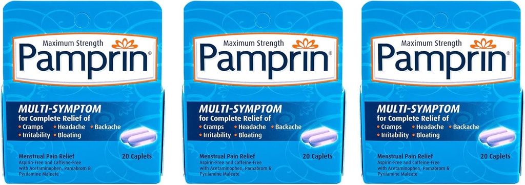 Pamprin Multi- Symptom Formula, dengan Acetaminophen, Menstrual Periode Relief, 20 Caplets (Paket 3)