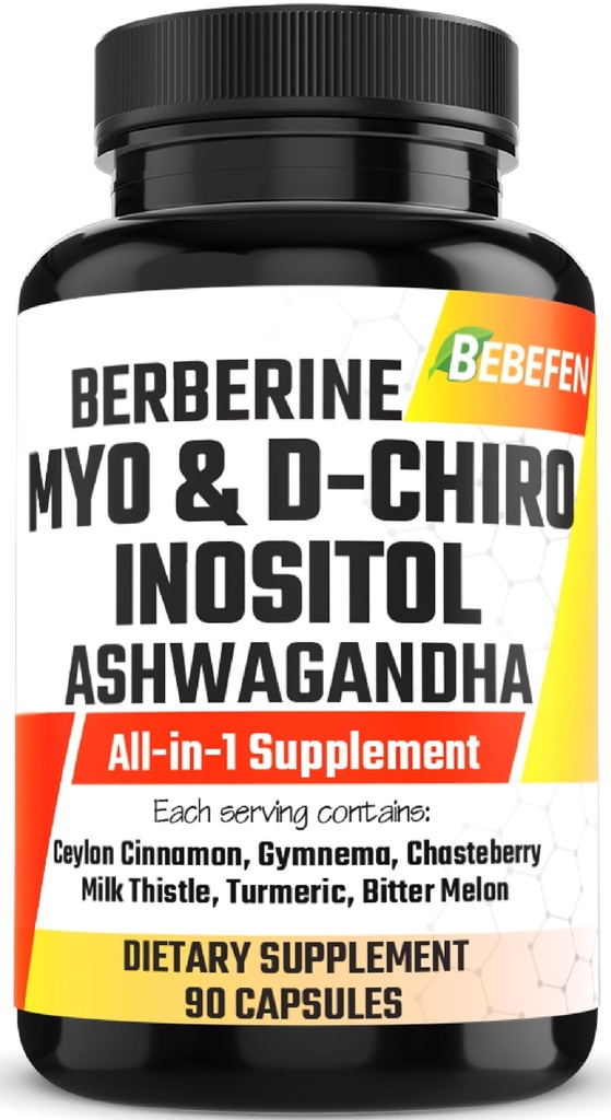 Myo- Inositol & D-Chiro Inositol Capsules dengan Ashwagandha, Berberine, Cinnamon, Gymnema, Chasteberry, Milk Thistle, Turmeric, Bitter Melon - 90 Capsules