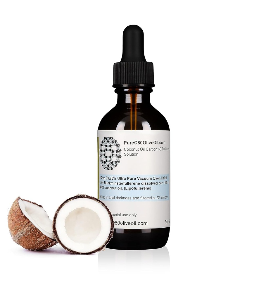 PureC60OliveOil C60 Organic MCT Oil 50ml / 1.7 Fl Oz - 99,95% Carbon Free 20mg - Amber Glass Bottle - Food