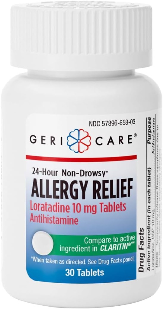 GeriCare Loratadine 10mg Non- Drowsy 24- Hour Allergy Relief, Antihistamin Allergy / Sinus Dukung Tablet untuk Runny Nose, Sneezing, Itchy, 30 Count, 1 Pack.