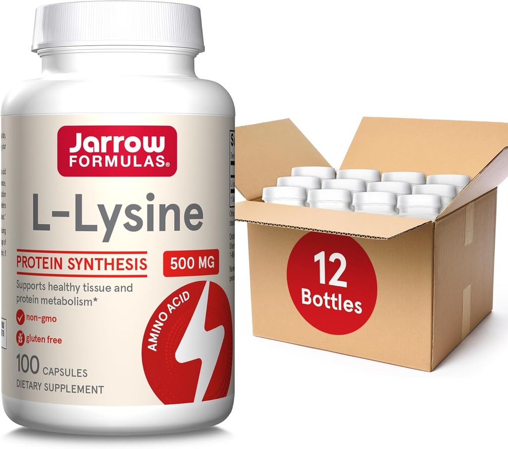 Jarrow Formulas L- Lysine 500 mg - 100 Capsules - Escular Amino Acid for Protein Metabolism - Tambahan Dietary - Hingga 100 Servis (Paket 12)