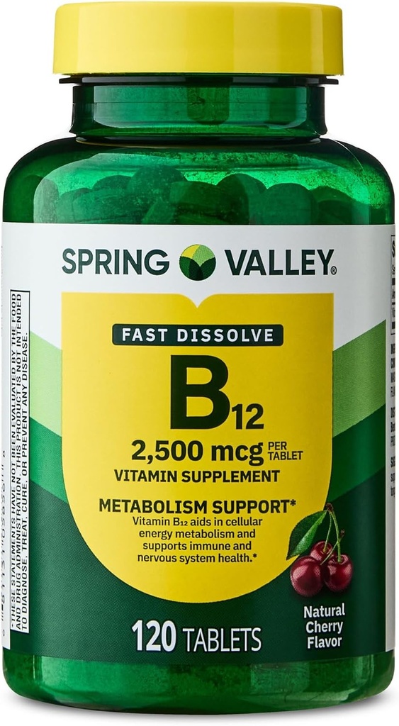 Vitamin B12 Quick- Dissolve Tablet Dietary Suplemen, 2.500 Mcg, Cherry, 120 Count dan Portable Pill Container (2 Item)
