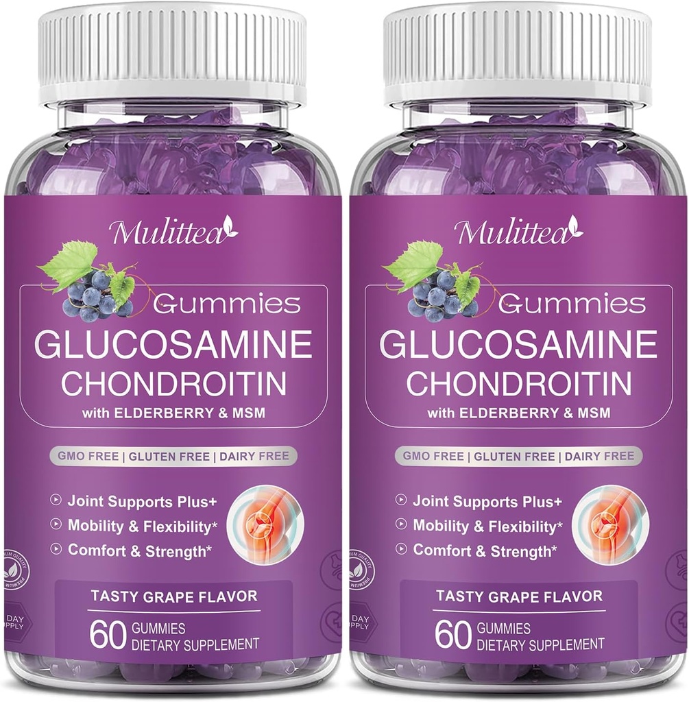 Mulittea Glucosamin Chondroitin Gummies - Ekstra Kekuatan Dukungan Dukungan Bersama dengan MSM & Elderberry untuk Gabungan Alam, Antioksidant Imune Dukungan untuk Dewasa, Pria & Women - Sugar- Bebas (2 Pack)