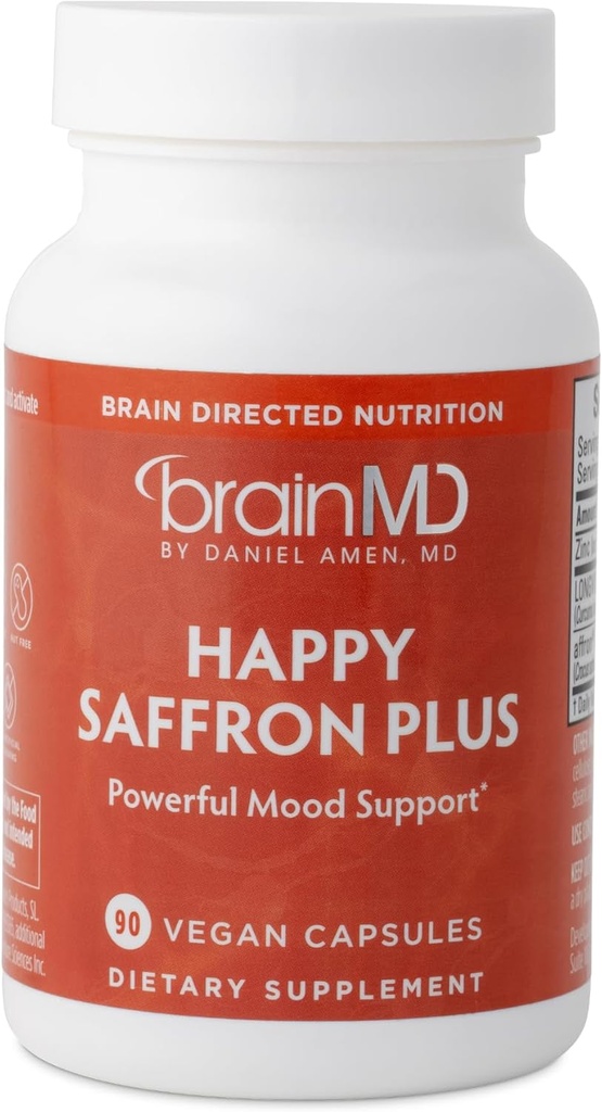 Dr Amen BrainMD Happy Saffron Plus - 90 Capsules, Paket 2 - Dengan Saffron Ekstrak Bunga, Curcumin & Zinc - Vegan, Gluten Bebas - 60 Total Hamba