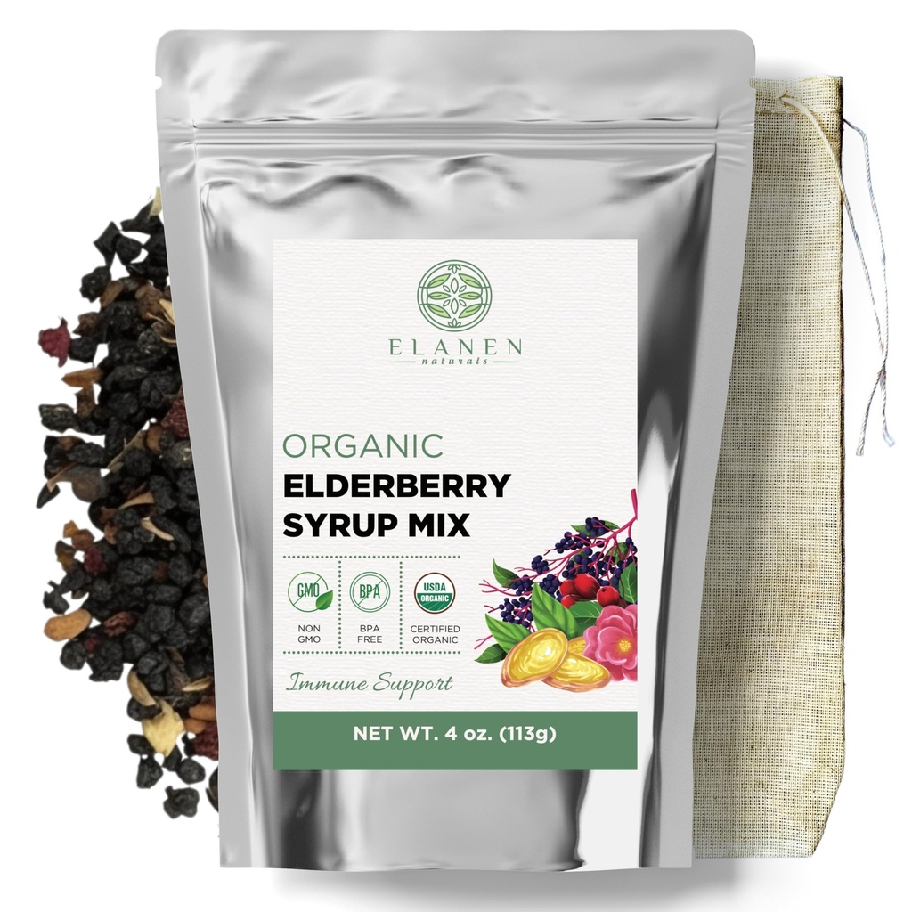 Elanen Organic Elderberry Syrup Kit, Terbuat hingga 24 oz, termasuk Cotton Brew Bag Natural, USDA Sertifikasi Organik Elderberry dan Ammune Dukung Herbs, Bulk Kit, 4 oz.