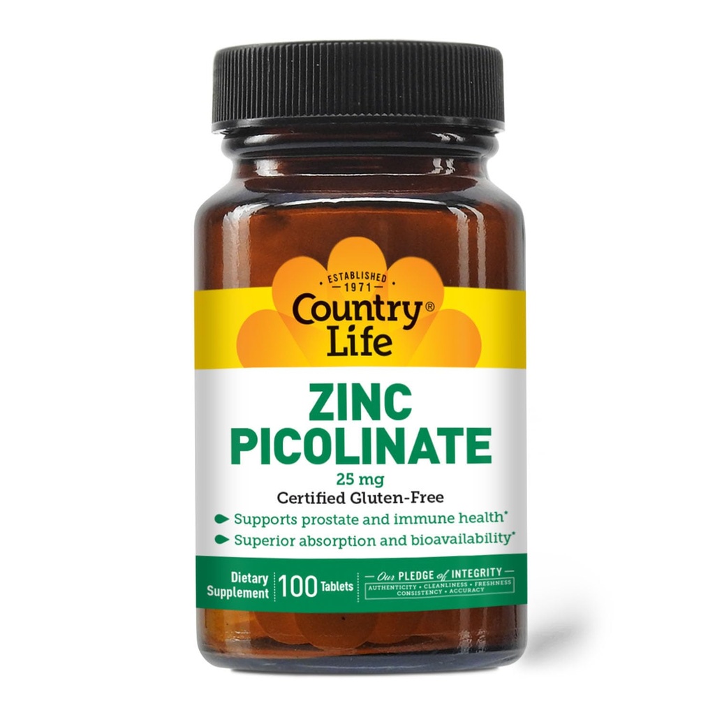 Country Life Zinc Picolinate 25 mg - Superior Absorpsi Zinc Supplemen untuk Dukungan Imune, Prostate Health & Cellular Wellness - Disertifikasi Gluten- Free, Vegan & Halal, Non-GMO - 100 Tablet
