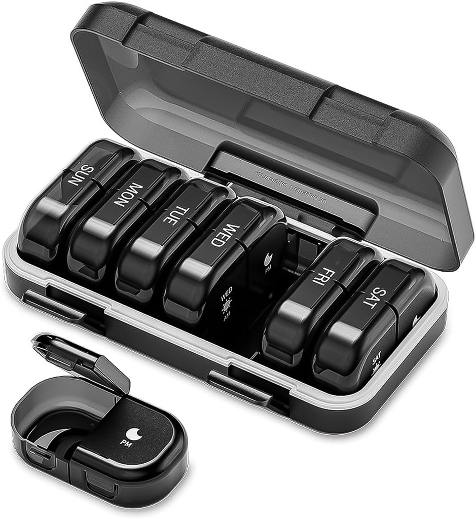 Weekly Pill Organizer 2 Times sehari, AM PM Pill Organizer 7 Hari, Portable Pill Case 14 Hari, Moivious Provior Large Pil Dispenser, Kotak Pill Large Travel for Vitamin Suplemen (Hitam)