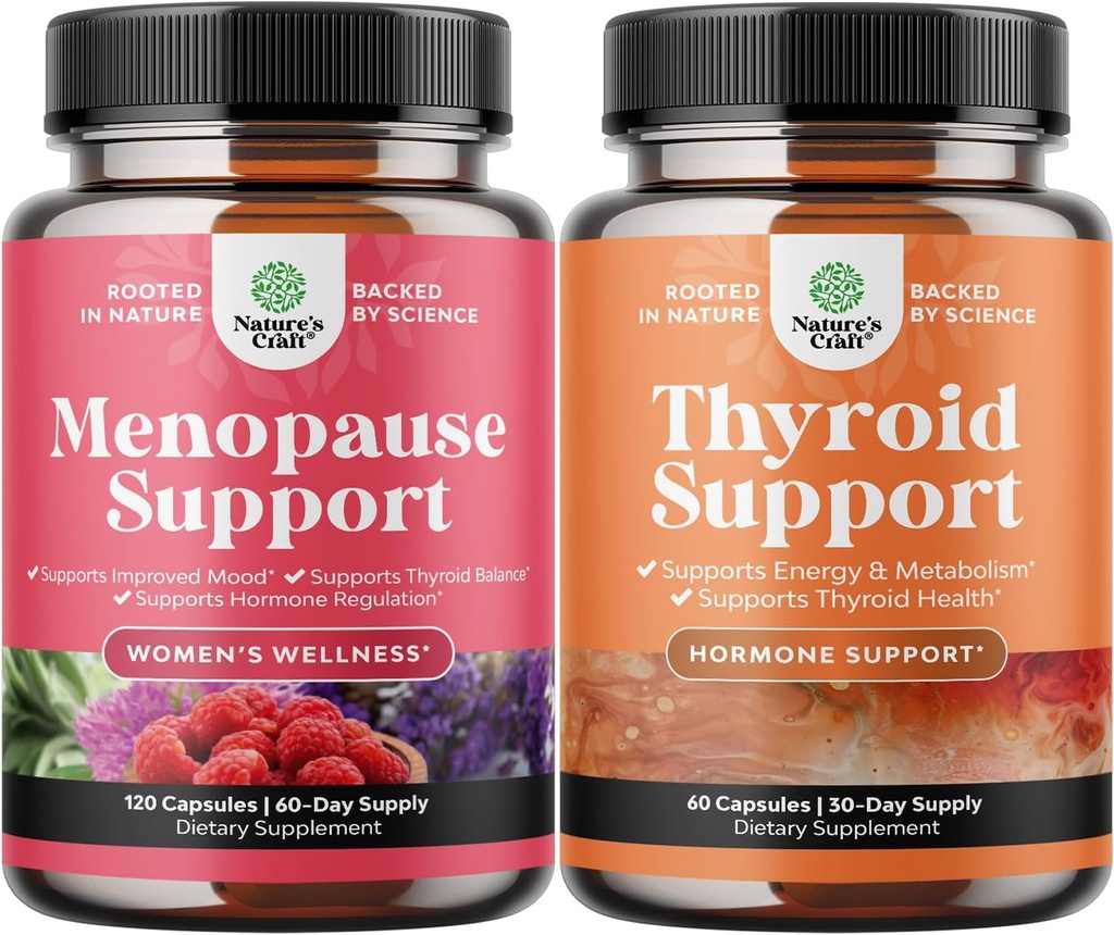 Bundle of Complete Herbal Menopause Supplement for Women for Night Sweats Mood 120ct and Herbal Thyroid Duplex - Mood Enhancer Energy Suplemen Energi Thyroid Kesehatan