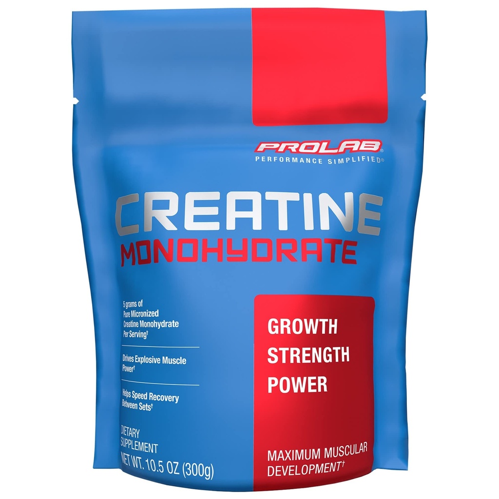 ProLab Nutrition Creatine Monohydrate Micronized Powder, 5G of Pure Creatine for Muscle Strength, Power & Endurance, Fast Absorbing, Unflamited, (300g) (60 Servings)