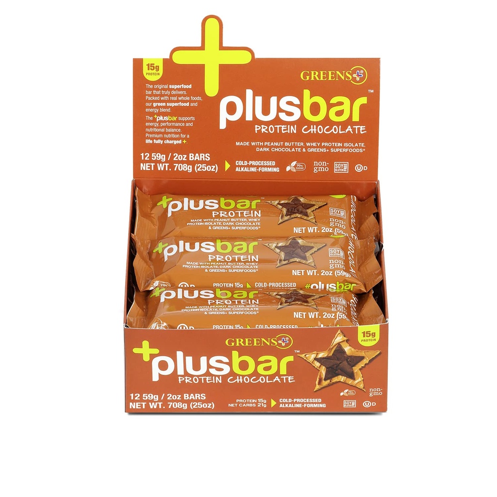 Hijau + Plasbar Protein, Dark Chocolate, 15g Whey Protein Isolate, Gluten- Free Snack with Organic Super Greens, Vegan, Dairy- Free, Non-GMO, Meal Replacement, 12 Pack