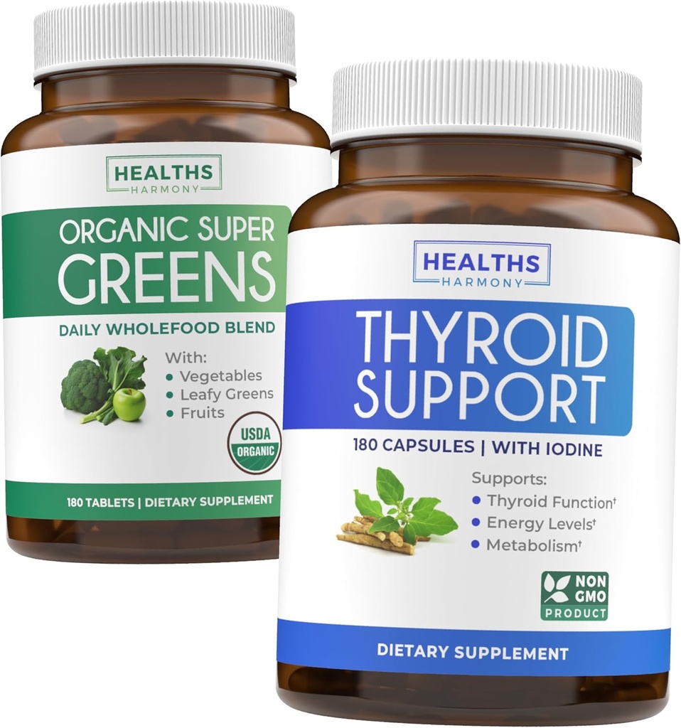 Super Greens & Thyroid Dukung (3- Month Suply) Bundle Vitalitas Organik Super Greens Powder - Lengkap Superfood (180 Capsules) & Thyroid Dukungan untuk Pria dan Perempuan (Non-GMO) (180 Capsules)