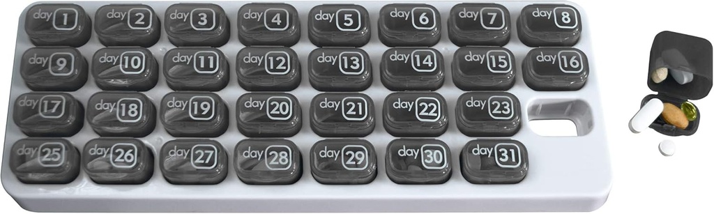 Monthly Med Organizer dengan 31 Daily Remocable Pill Pods for Home, Work, Travel, Numbered Pillbox for Suplemen & Vitamin (Grey)