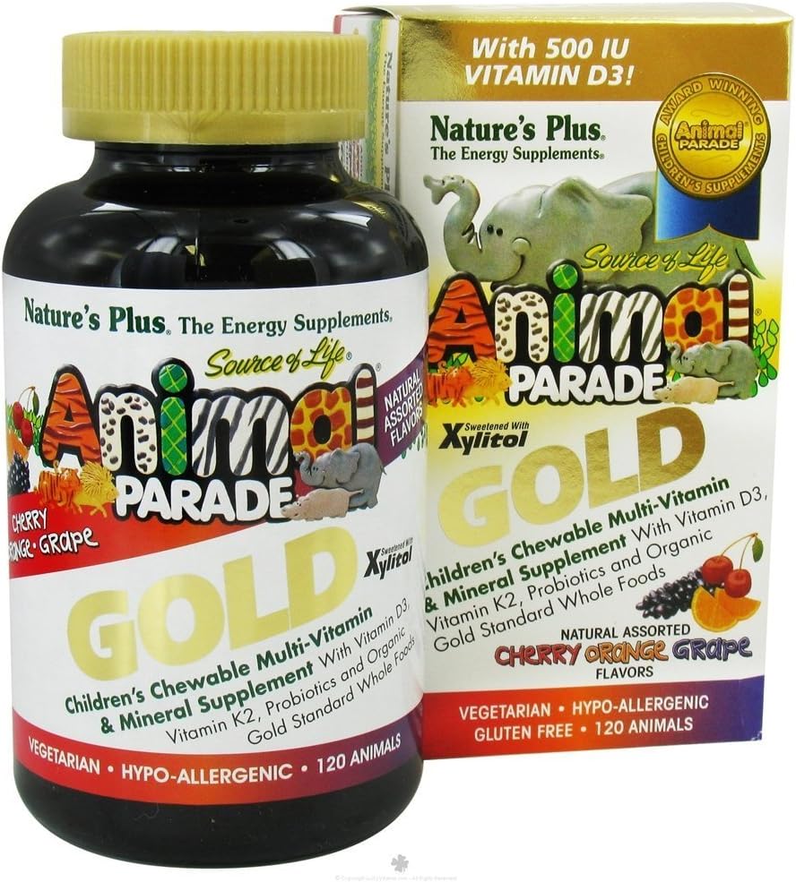 NaturesPlus Animal Parade Gold Children 's Multivitamin - Asported Cherry, Orange & Grape Flavors - 120 Animall-Shaped Chewable Tablet, Pack 2 - Vegan, Gluten Free - 120 Total Servings