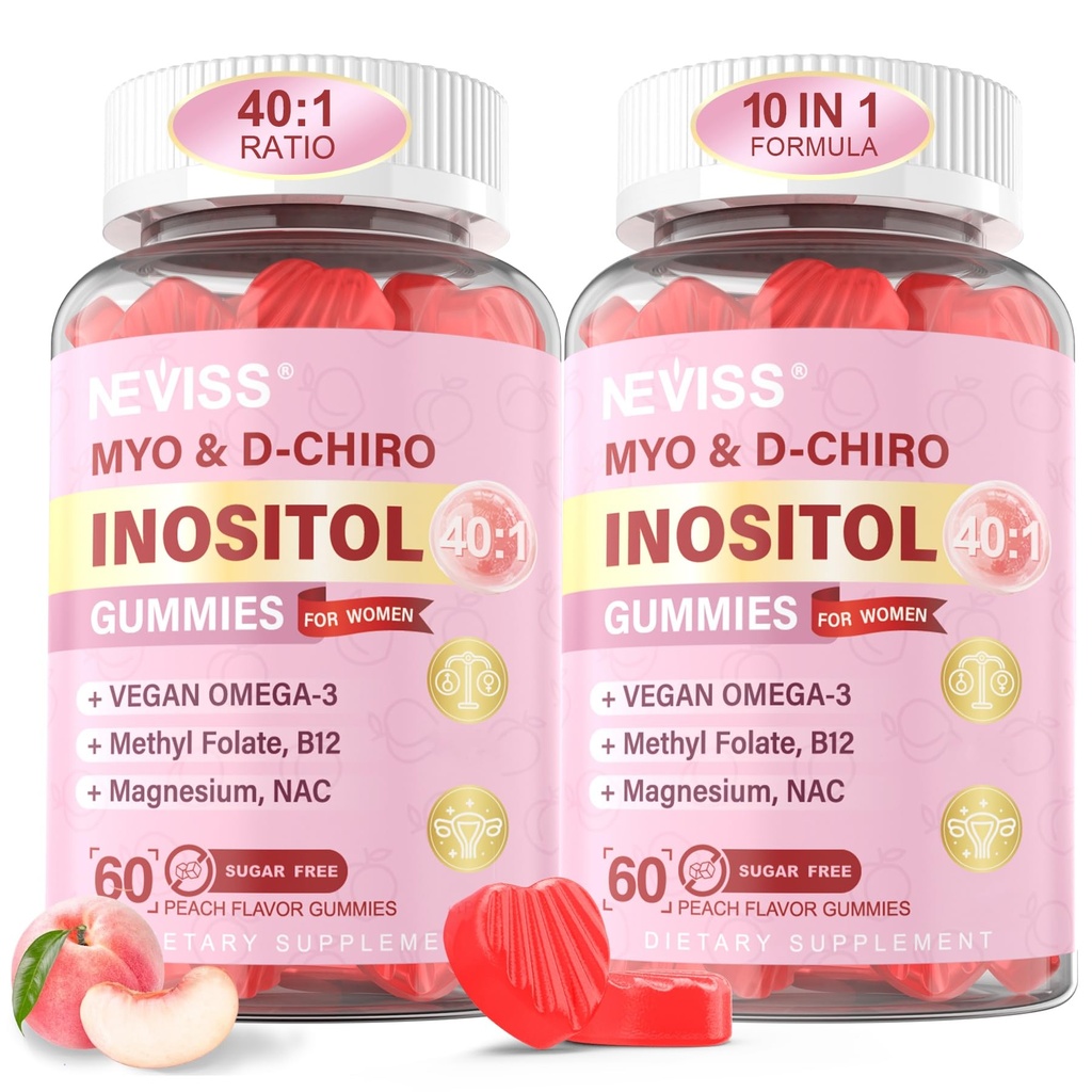 Myo- Inositol & D- Chiro Inositol Gummies for Women 2000mg + 50mg, 40: 1 Rasio Inositol dengan Vegan Omegaga- 3 + D3, Magnesium Glycinate, Metil Felock + B12 untuk Kesehatan Wanita & Wellness, Sugar Free, 120 Cts