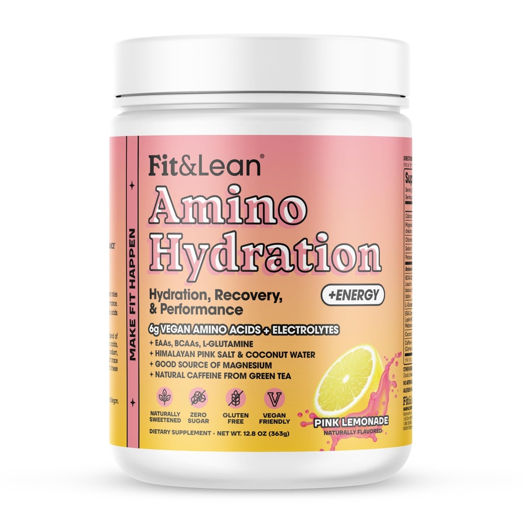 Fit & Lean Amino Hidration Plus Energy, Pre Workout Powder, 6g Vegan Essemonal Acids, EAA, BCAA, Glutamine, Electrolites & Natural Caffeine, Pink Lemonade, 30 Servis