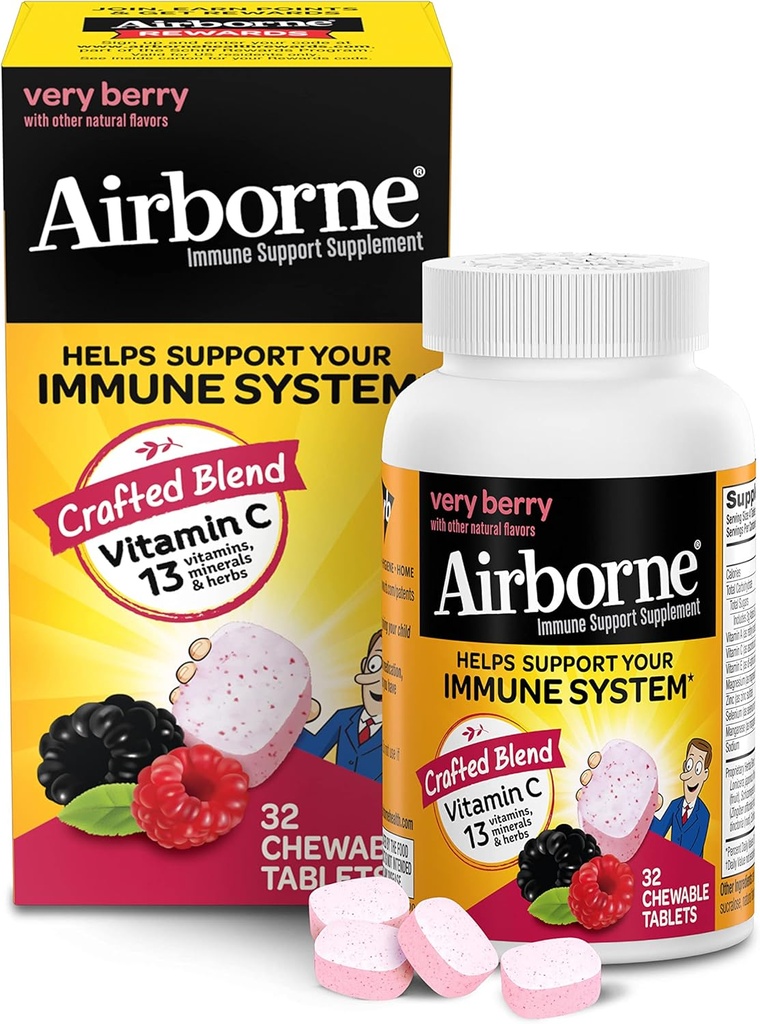 Airborne Vitamin C 10000mg (per Serving) Sangat Berry Chewable Tablet (32 Count in a Box), Gluten- Free Immune Suplemen, dengan Vitamin A C E, ZINC, Selenium, Echinacea & Ginger, Antioksidants