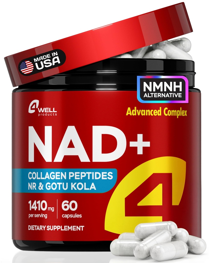 NAD Plus Tambahan 1400mg - NMNH Suplemen Alternatif Support Alternatif Penuaan Kesehatan Kompleks dengan Nicotinamide Ribside & Gotola, Collagen - Powerful NAD + Formula untuk Energi, Skin & Cognitive, 60 Caps