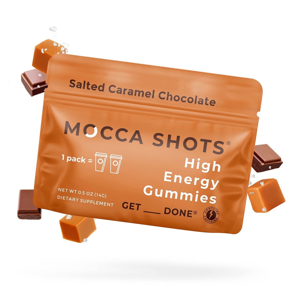 SGC Highest Concentration 100mg Caffeine per Gummy, 2 Gummies per Pack, 12-Pack Mocca Shots Salted Caramel - Based nootropic Instant Energy dengan Ginkgo Biloba, Theobromine.