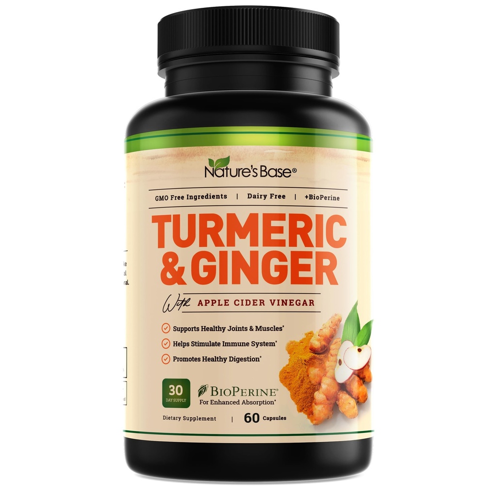 Dasar Alam Turmeric dan Ginger Tambahan - dengan Curcumin, Apple Cider Vinegar & BioPerine Black Pepper Ekstrak - 95% Curcuminoid - 60 Kapsul