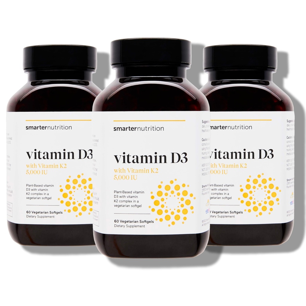 SMARTERNUTISI Vegan Vitamin D3 5000 IU + Natural Vitamin K2 1100 mcg in Organic Coconut & Olive Oil - D3 K2 Supplemen Imune & Bone - 180 Softgels [90 Hari Suppply]