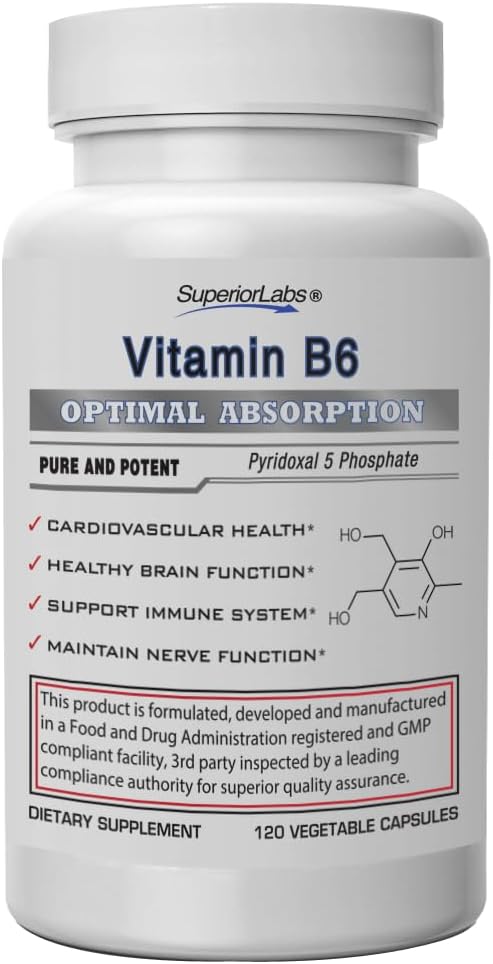 Lab Superior Vitamin B6 50mg, Sure Non-GMO Superior Superior Absorpsi Tinggi, Mendukung Sistem Imune dan Sistem Gugup, Fungsi Otak, Metabolisme & Kesehatan Hati, Escule untuk Produksi Hemog, 120 Veg Caps