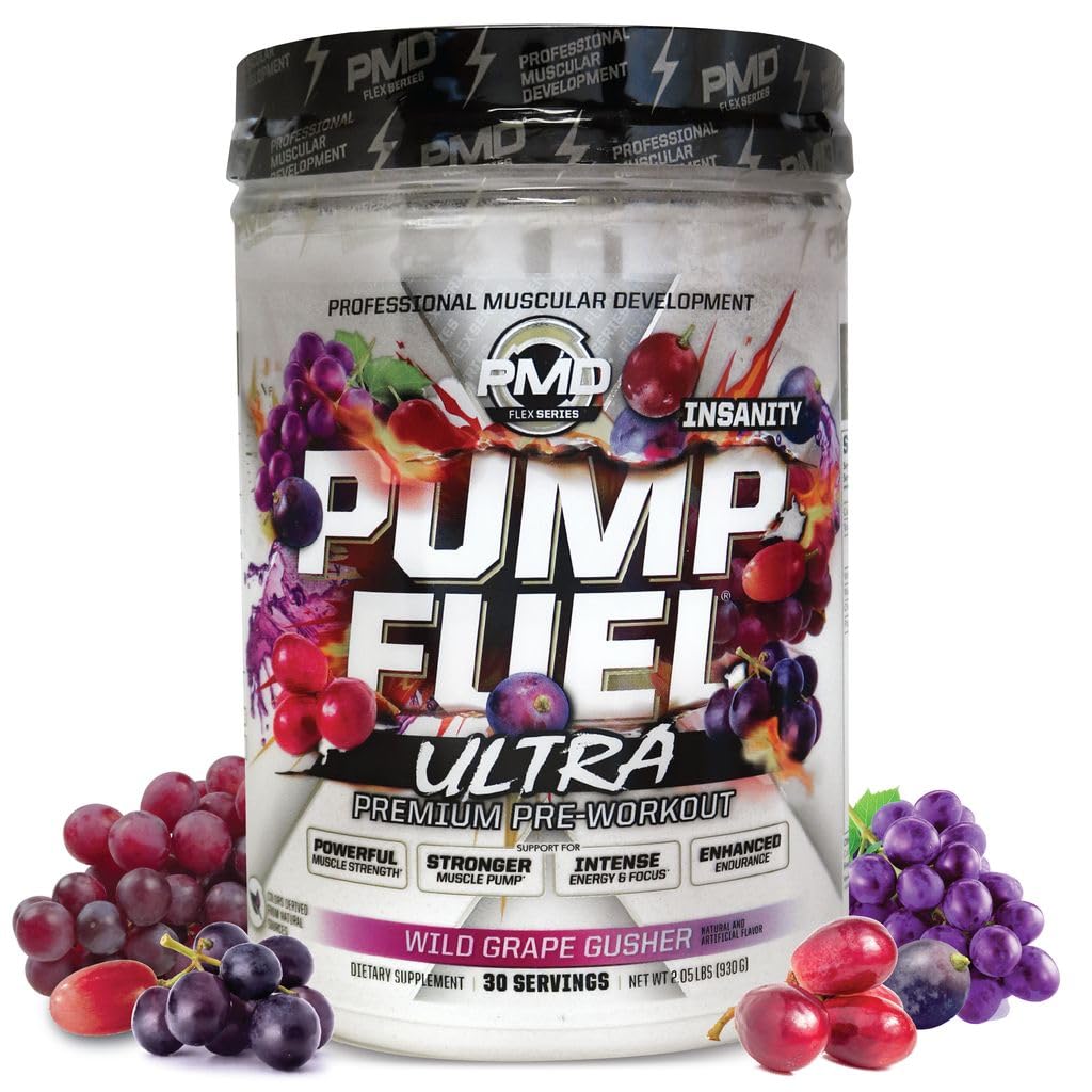 PMD Sports Pump Fuel Ultra Insanity - Premium Premium Premium Premiout Popder & Muscle, Greater Focus, Endurance & Recovery, Premium Creatine, Arginine & Beta Alanine - Wild Grape Gusher (30 Pelayan)