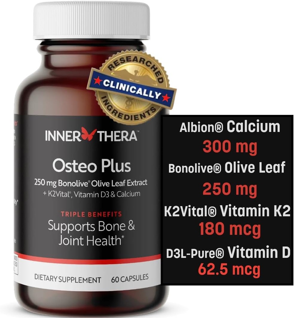 Osteo Plus 4-in- 1 Suplemen Komprehensif - Kalsium dengan Vitamin D3, K2 dan Bonolive - Pendukung Penuaan Kesehatan - Gluten- Bebas, Non- GMO, Vegan (60 Count)