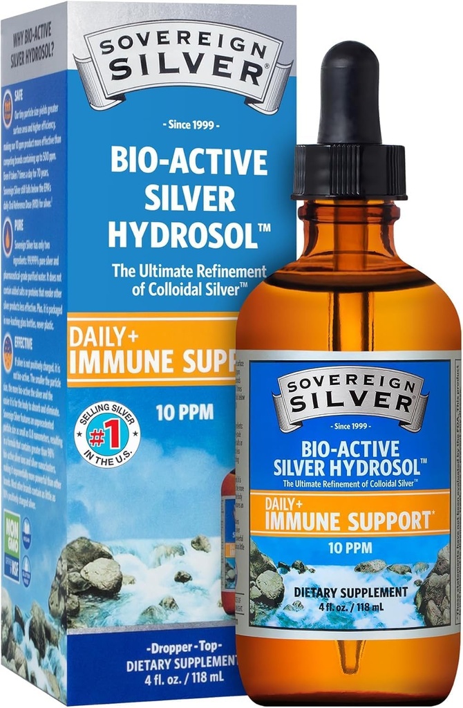 Sovereign Silver Imune Dukung - Colloidal Silver Silver Silver, Bio- Active Silver Hydrosol, 10 plum, Cair Dropper, 4 Fl Oz, (118 mL)