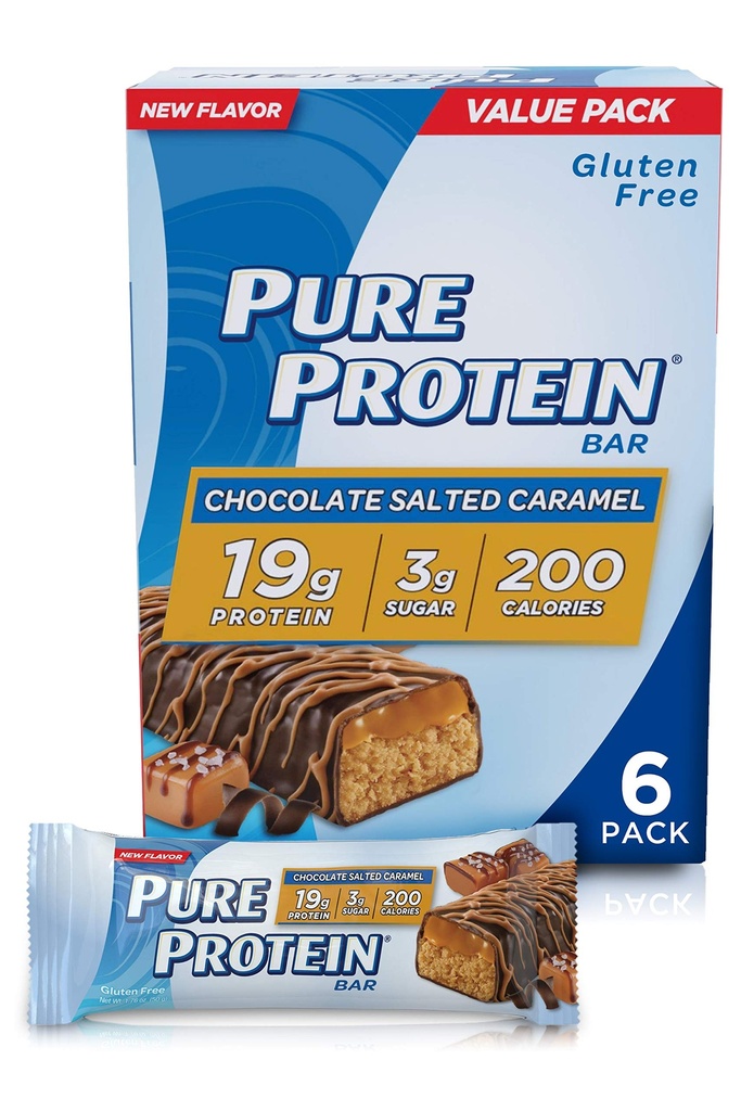 Murni Protein Bars, Protein Tinggi, Makanan Nutrisi untuk Mendukung Energi, Gula Rendah, Gluten Bebas, Chocolate Salted Caramel, 1.76oz, 4 Pack