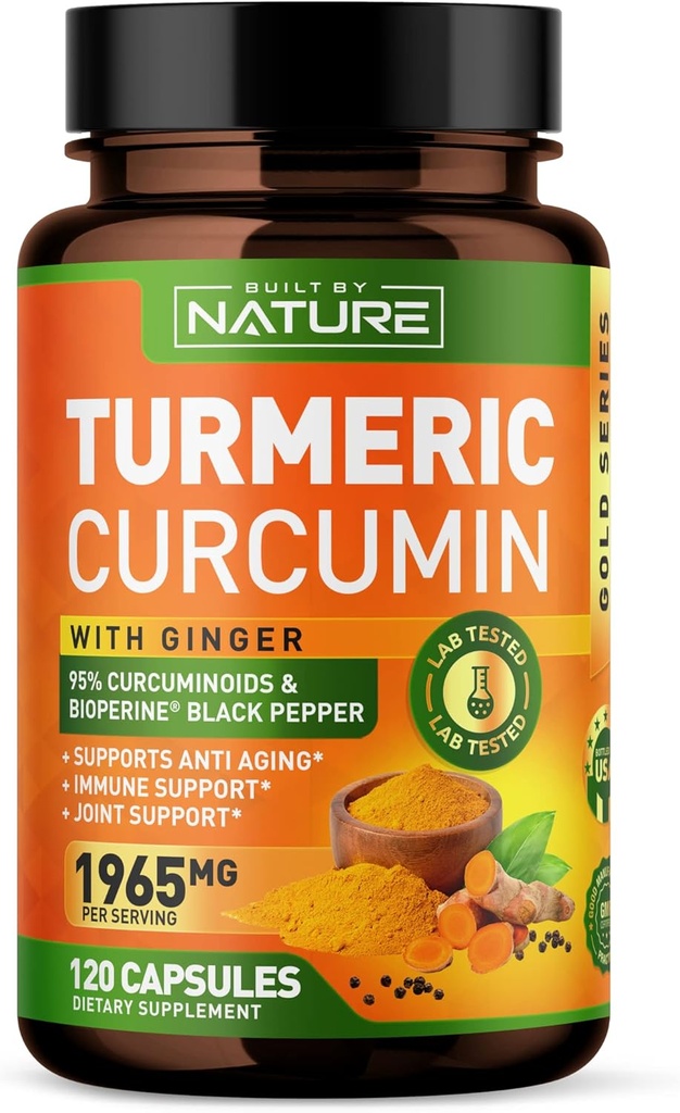 Curcumin 1965mg Turmeric dengan Ginger & BioPerine Black Pepper Extract - Tinggi Absorpsi 95% Curcuminoid untuk Dukungan Bersama & Antioksidant - Non-GMO, Gluten- Free, Vegan - 120 Herbal Supplemen Capsules