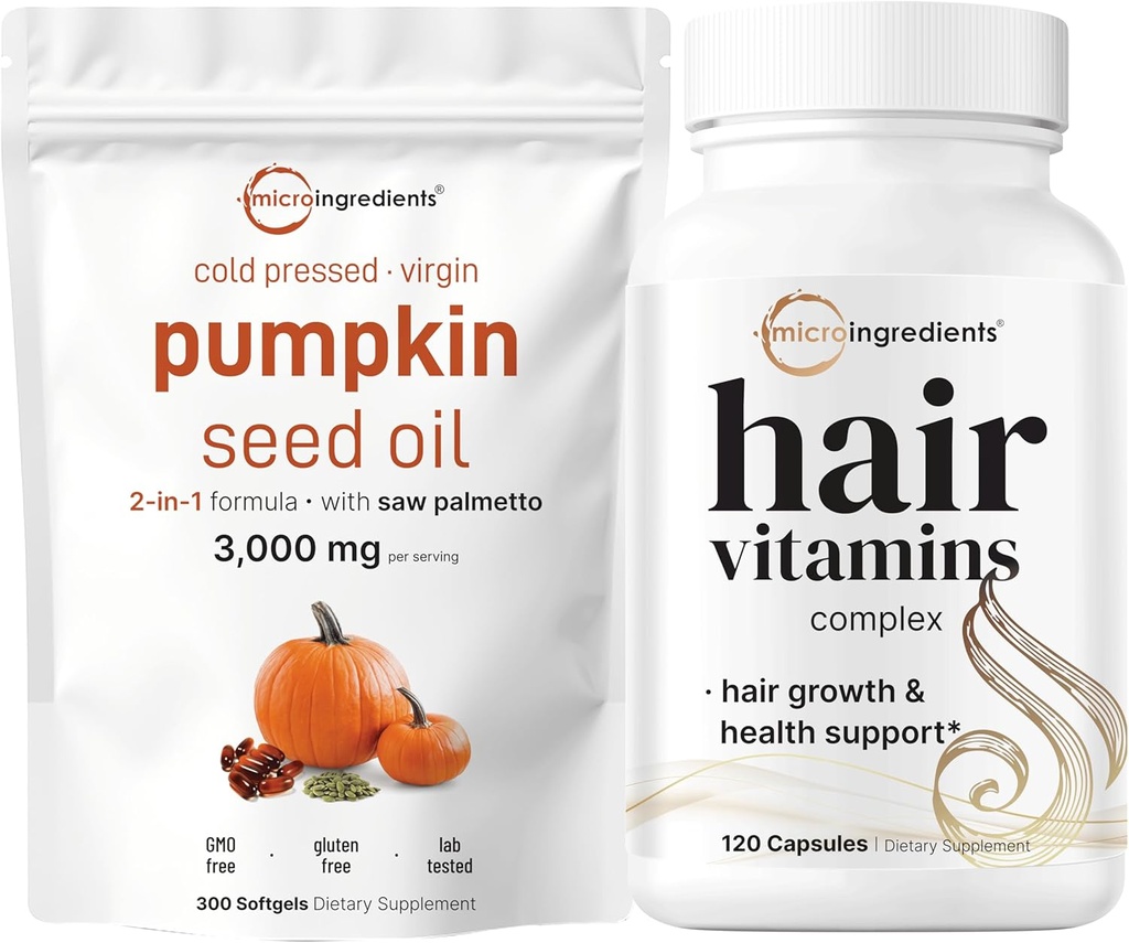Micro Ingredians Pumpkin Seed Oil dengan Saw Palmetto 3.000mg Softgels & Hair Vitamin Complex Capsules 124; 2 Pack Bundle 124; Cold Menekan Virgin Oil 124; 14 -1 Rambut Tumbuh Dukungan dengan Collagen & Biotin