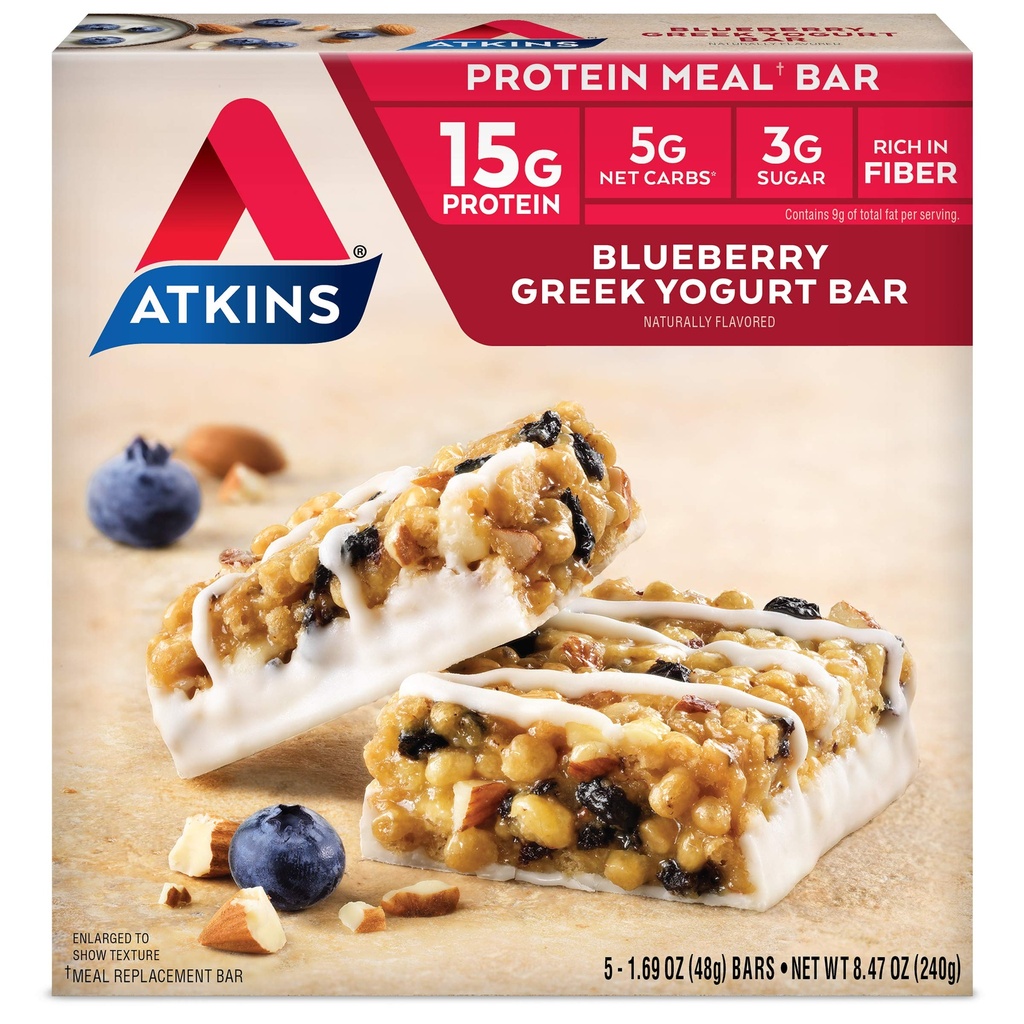 Atkins Blueberry Greek Yogurt Protein Bar Meal, High Fiber, 15g Protein, 3g Sugar, 5g Net Carbs, Penggantian Makanan, Keto Friendly, 5 Count