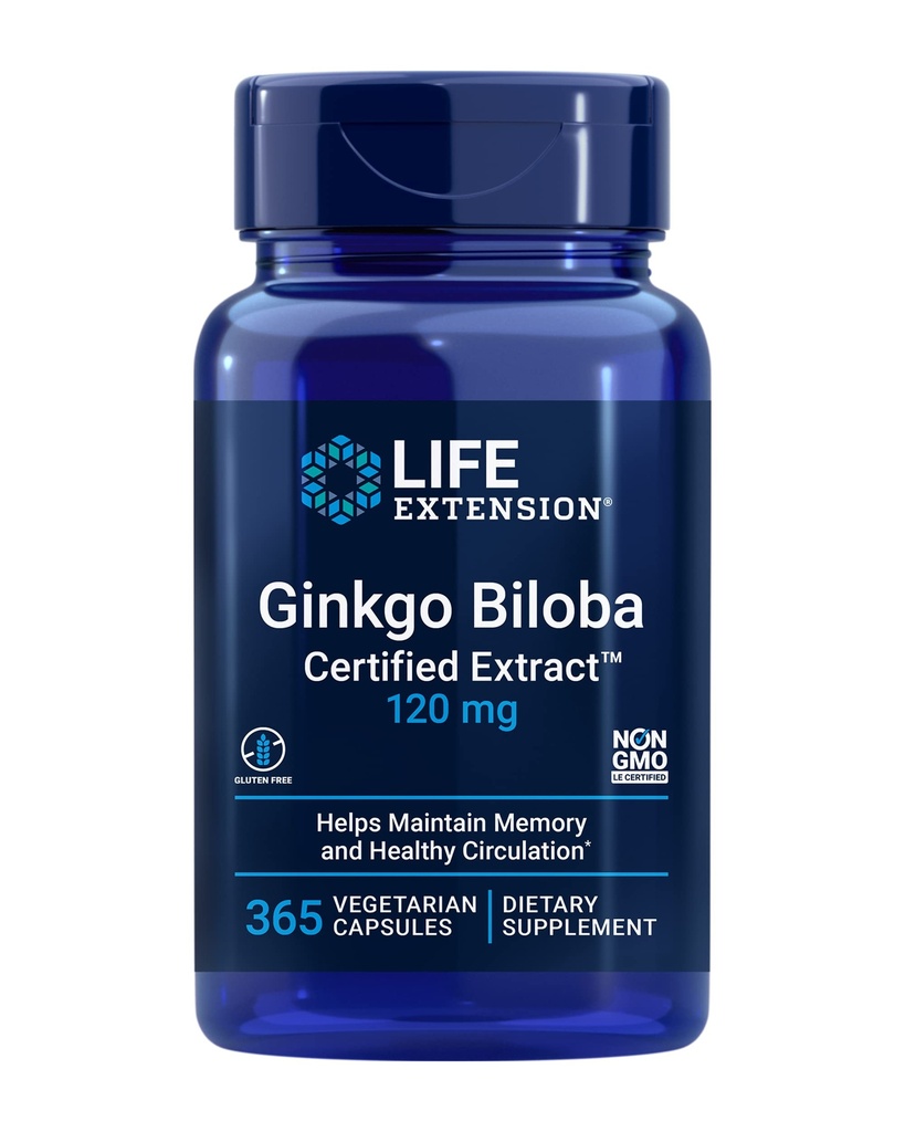 Ekstensi Hidup Ginkgo Biloba Tersertifikasi Ekstraksi ™, 120 mg, Membantu Mempertahankan Ingatan & kognition, Gluten- Bebas, Non- GMO, Vegetarian, 365 Kasules