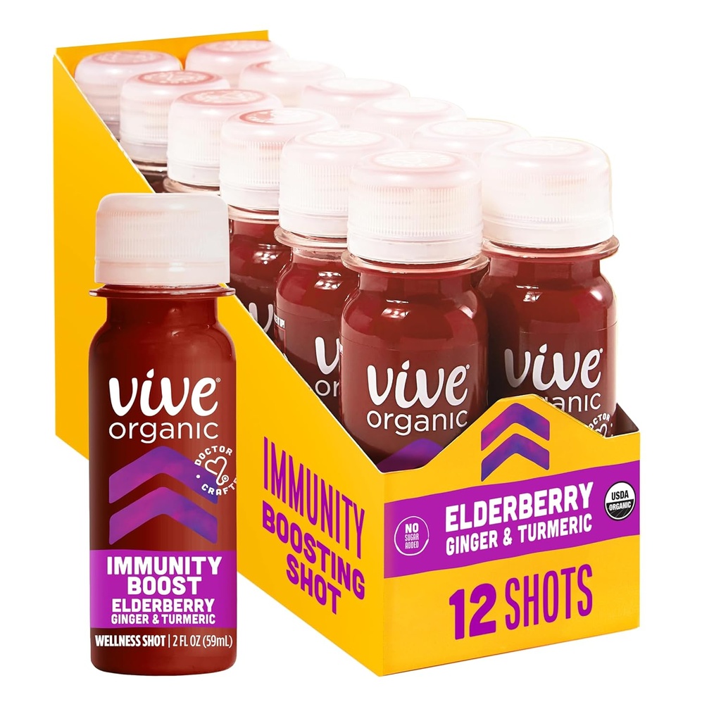 Vive Organic Immune Dukung Elderberry Shot, Cold- Menekan Turmeric & Ginger, Gluten Free, Vegan, Immunity Boost Elderberry, 2 Fl Oz (Paket 12)