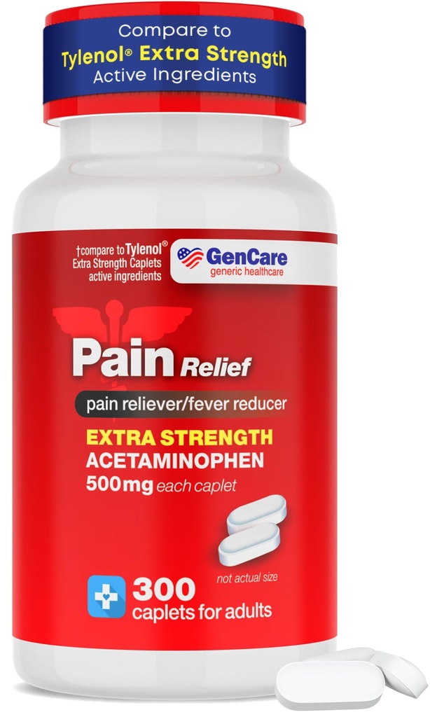 GenCare - Acetaminofhen 500mg Ekstra Kekuatan Relief Pain (300 Caplet) - Multi Symptom Pain Reliever untuk sakit kepala, Sinus, Arthritis, Muscle Kembali Akhe, Toothache, Fever Reducer, Migraine