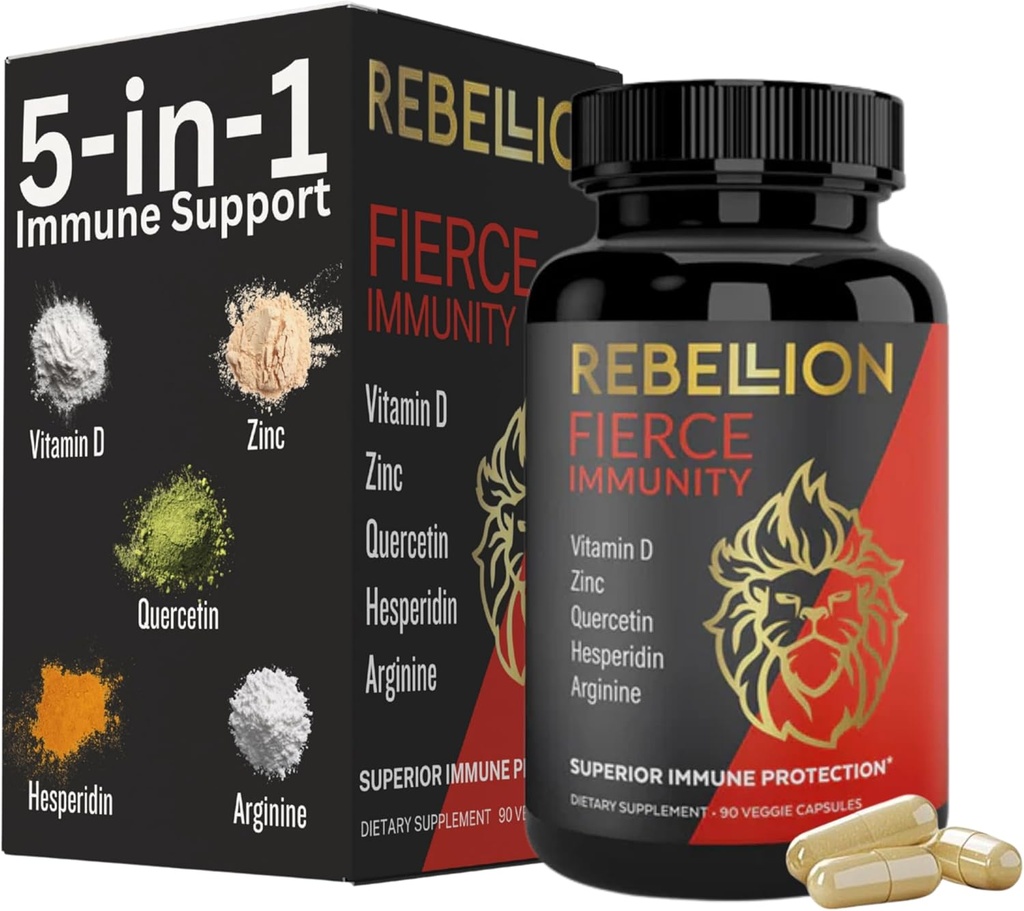 5-in- 1 Suplemen Imunitas Fierce, Suplemen Dukungan Imune dan Boosters untuk Orang Dewasa, Vitamin C, Quercetin D, Vitamin, Zinc, L- Arginin, Hesperin, Dukungan kekebalan, 90 Capsules (Persediaan 1 Bulan)