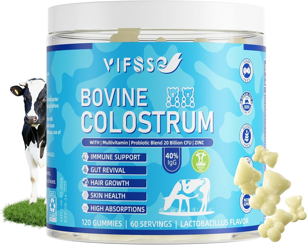 Tambahan Colostrum Grass Fed 2000mg, 120 Gummies Gula Bebas 40% IGG Colostrum Gummies + Probiotic, Multivitamin Etc untuk Dukungan Imune, Gut Dukungan, Rambut & Skin