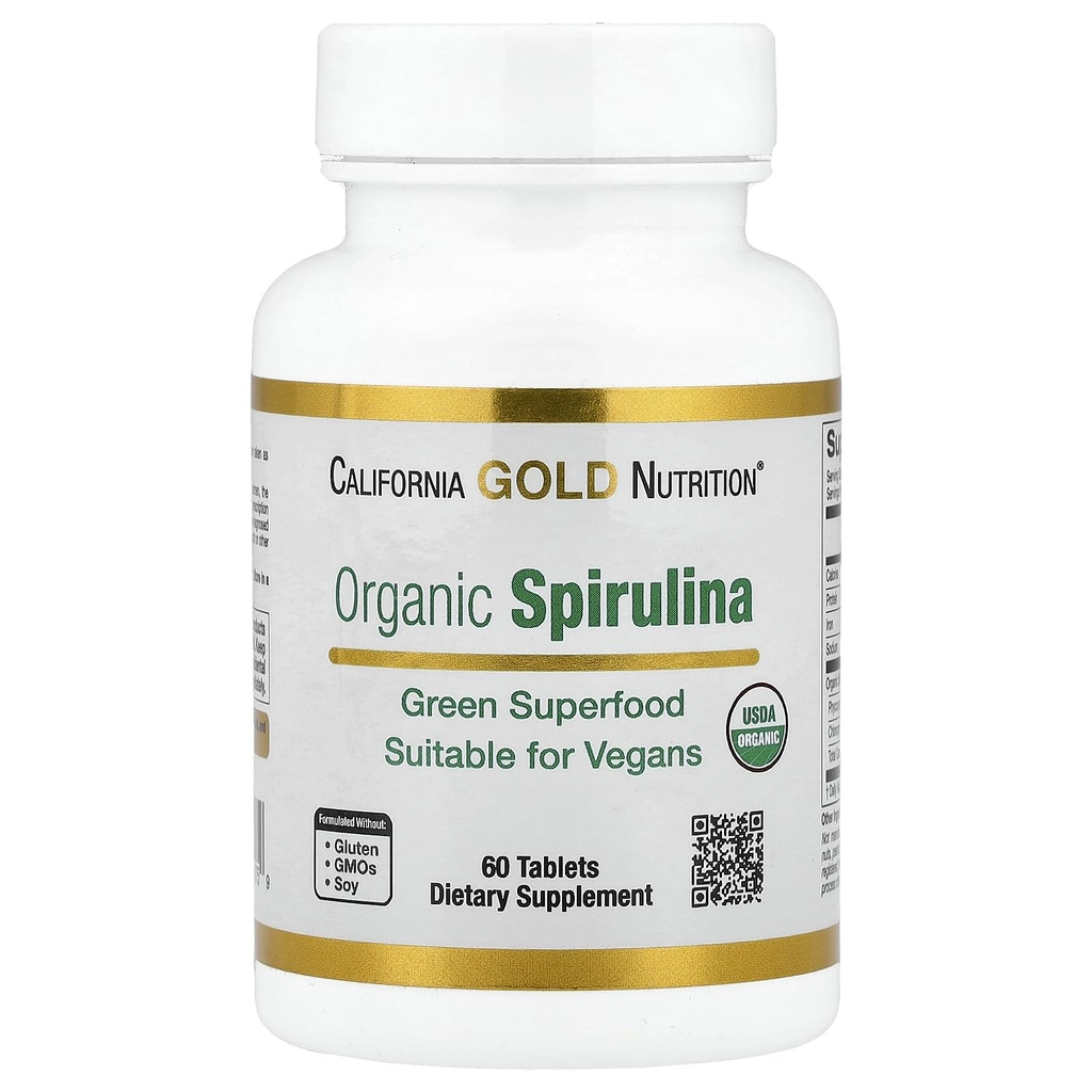 California Gold Nutrition Organic Spirulina Tambahan, Menampilkan Superfood Hijau dengan Antioksidan, Vegan Friendly, Gluten Free, Non-GMO, 500 mg, 60 tablet